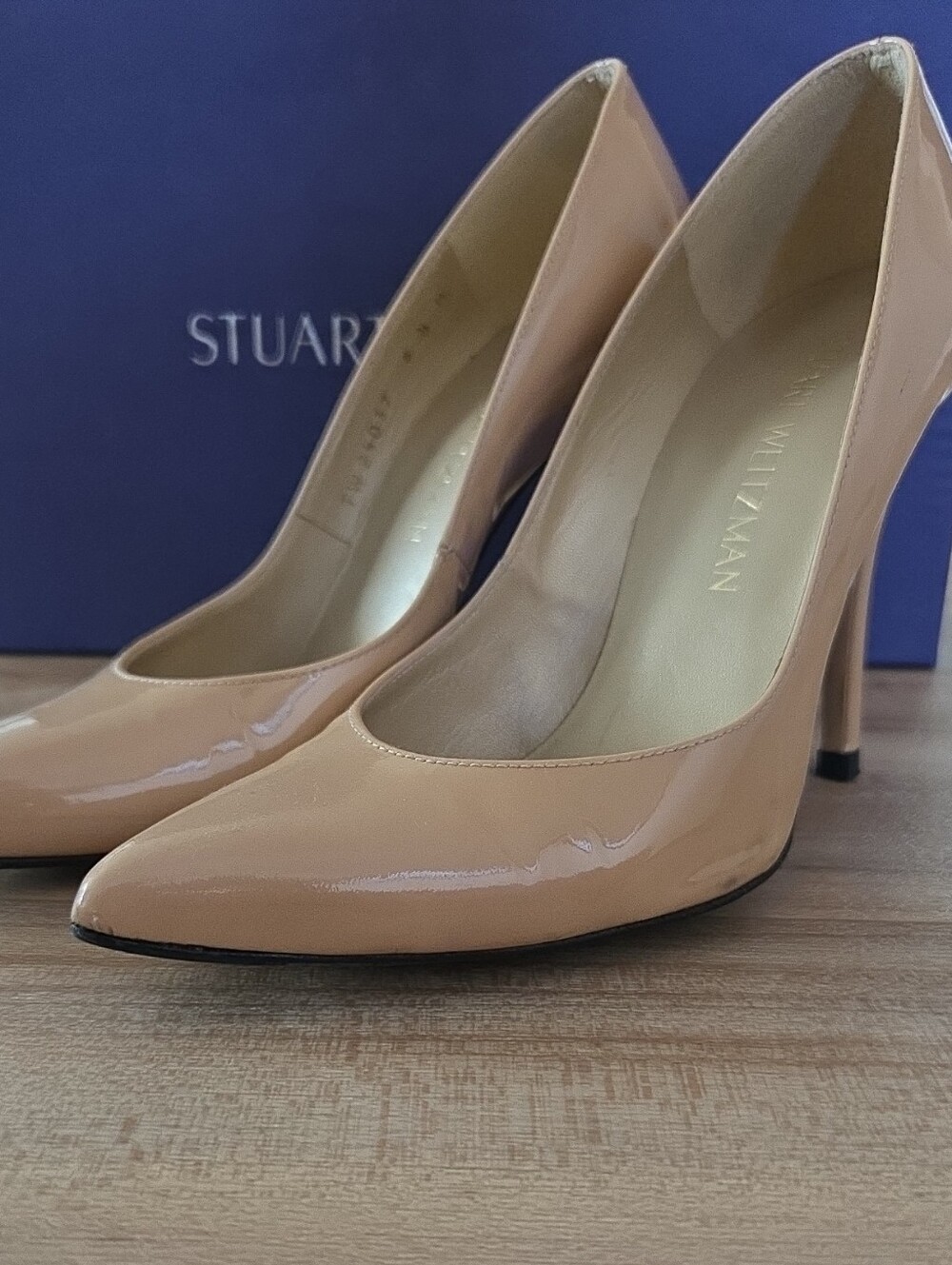 Stuart Weitzman Nude Patent Leather Pointed Toe Pumps